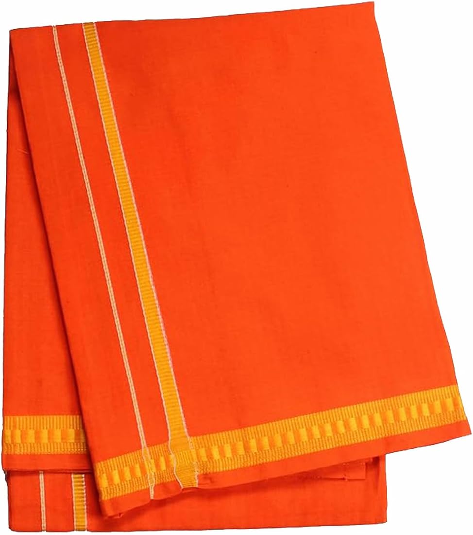 Pooja Dhoti Khes Kashi Border set Orange colour (Parag 4.5+2.25 Mts Aprx)