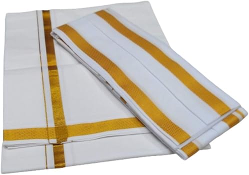 Pooja Dhoti Khes Kashi Border set White colour (Star gold 10×6 Mts Aprx)